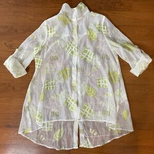 IC by Connie K Sz M Sheer Tunic Top Green Floral Button Back And Front Linen Art
